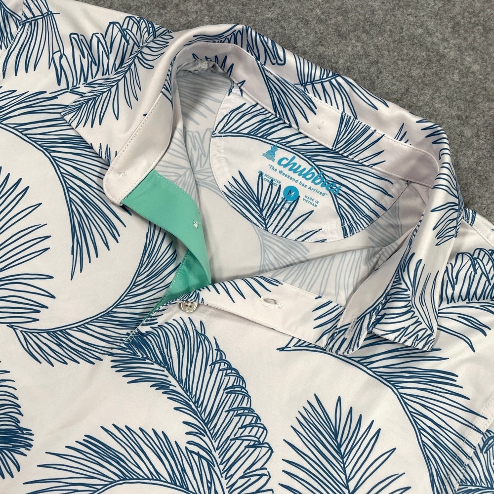 Chubbies Mens Polo Shirt Size M White Blue Palm Leaf Performance Stretch